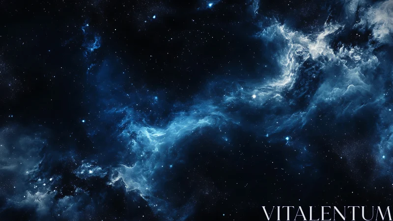Deep blue cosmic nebula swirling through star-dense void.