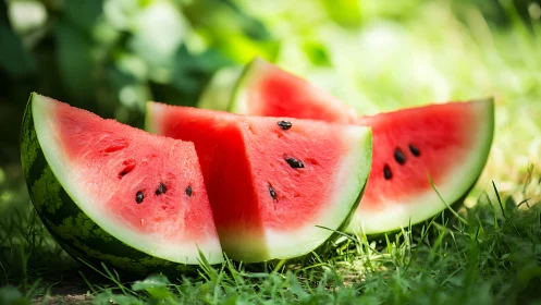 Sunlit watermelon wedges rest on grass in shallow focus