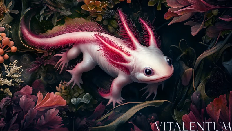 Neotenic axolotl in hyper-detailed aquatic vegetative microcosm.