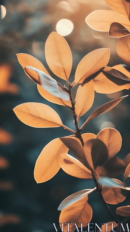 Golden backlit leaves glow against deep teal dusk bokeh