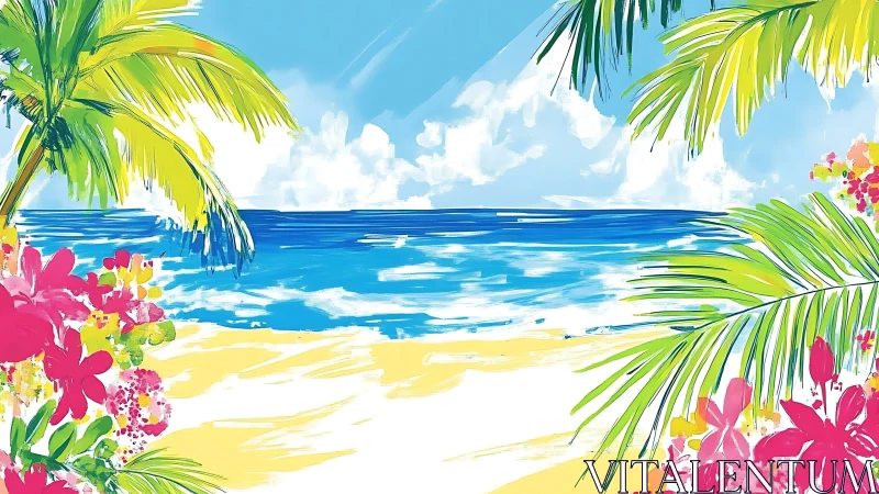 Tropical Paradise Beach Scene with Vibrant Floral Framing.