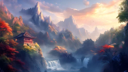 Fantasy mountain landscape with temples and waterfalls.
