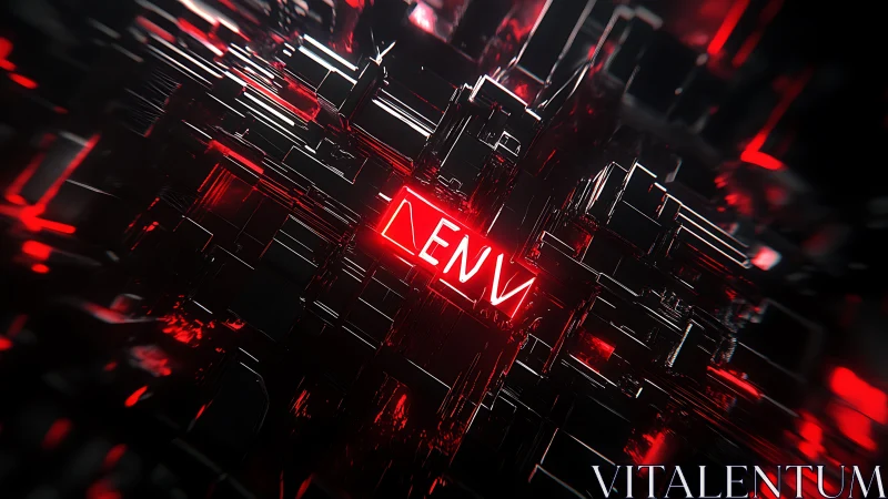 Cyberpunk ENV neon core within angular red-black gridscape.