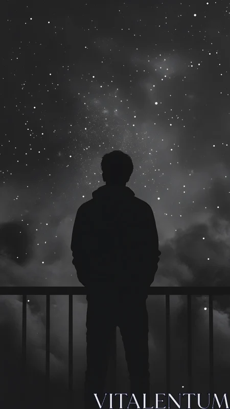 Silhouetted figure stands before dense star field at night