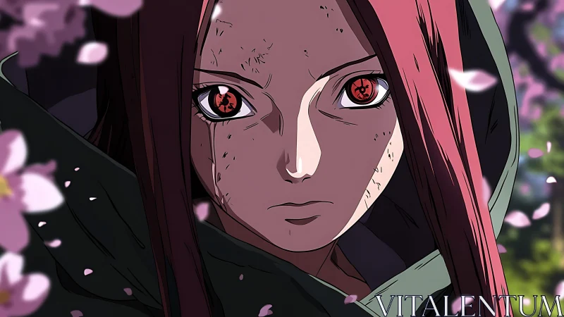 Intense red-eyed anime character framed by drifting petals