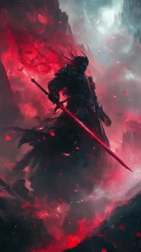 Armored void knight in crimson stormlit abyssal landscape