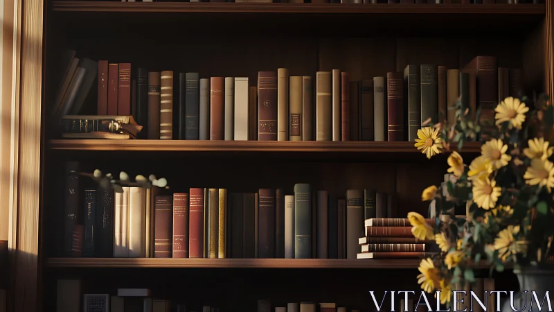 Wooden bookshelves with assorted volumes and flowers.