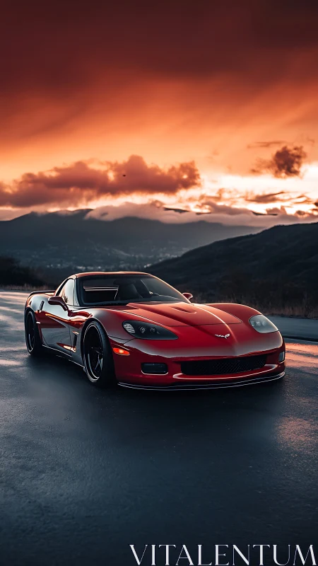 Red sports coupe cuts through wet mountain highway dusk.