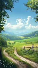 Sunlit country lane curling toward cloud-soft hillsides.