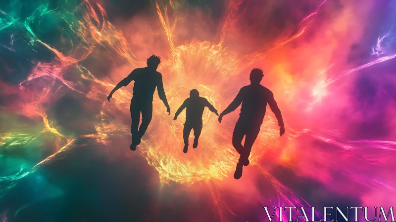 Silhouetted figures move toward central luminous vortex field