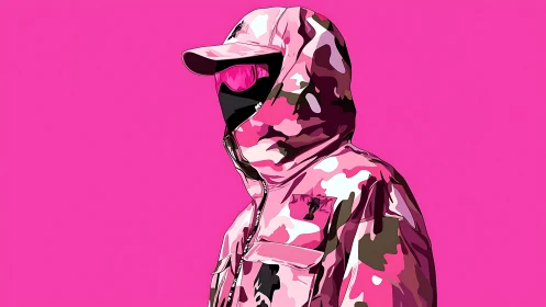 Camouflaged hooded figure rendered in bold pink vector minimalism