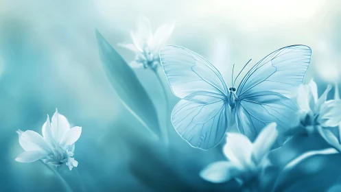Monochromatic blue butterfly rendered among blurred flowers