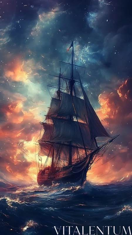 Tall ship under stormy sky with vivid fiery clouds at sea.