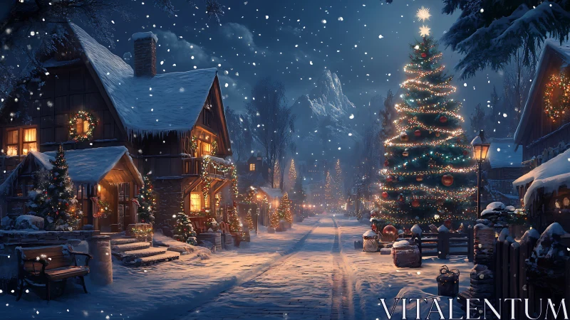 Digital painting of a snowlit Christmas village streetscape at night.