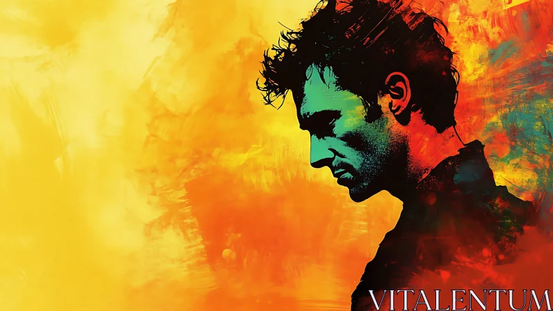 Profile silhouette of male figure against saturated warm backdrop