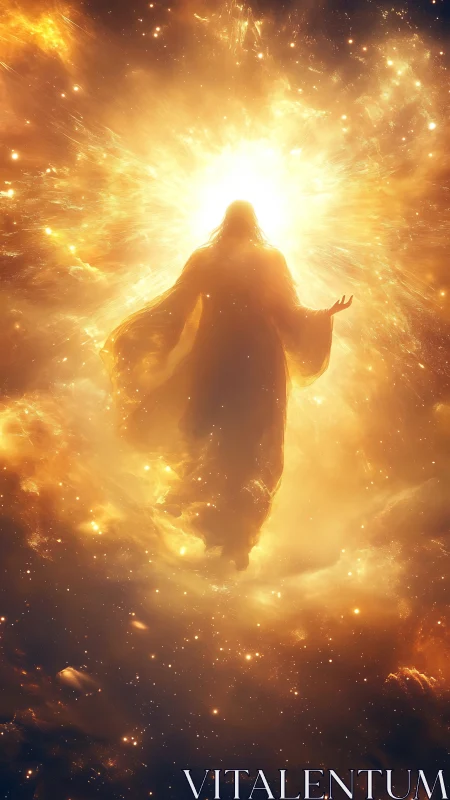 Celestial robed figure ascending through radiant starburst light.