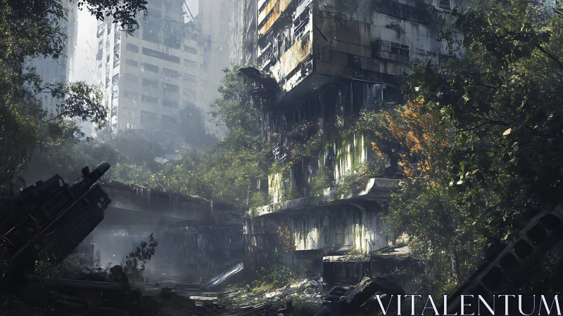 Vegetation progressively overtakes decayed urban high‑rises