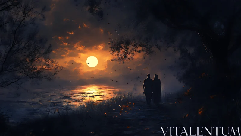 Couple walks a moonlit lakeside path under burning clouds