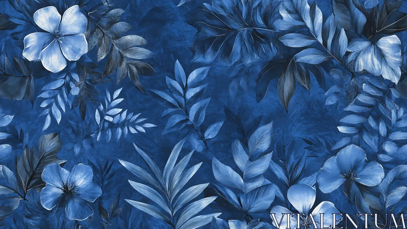 Monochrome blue floral foliage pattern fills the canvas