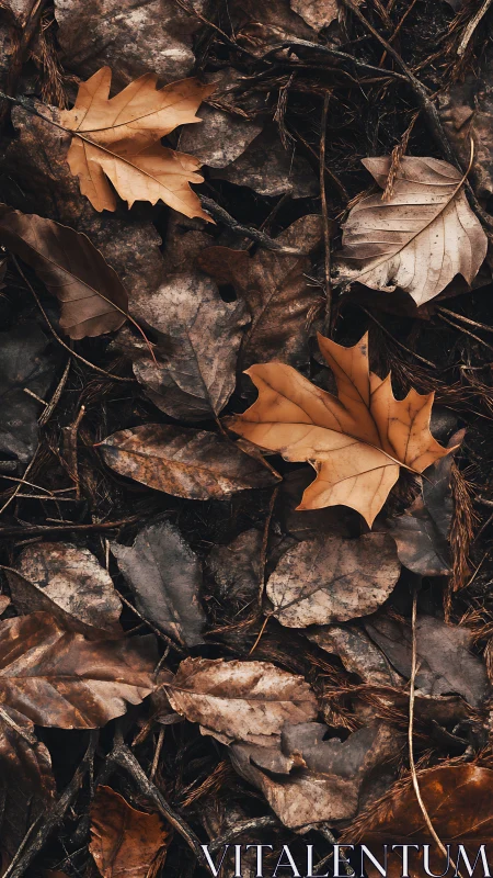 Dry autumn leaves cover forest floor in muted brown tones