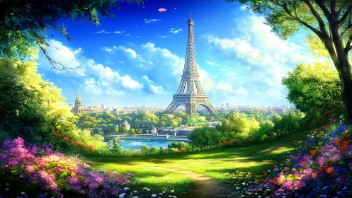 Vibrant Paris garden frames Eiffel Tower under glowing sky