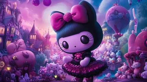 Gothic cartoon cat character stands in pastel fantasy town