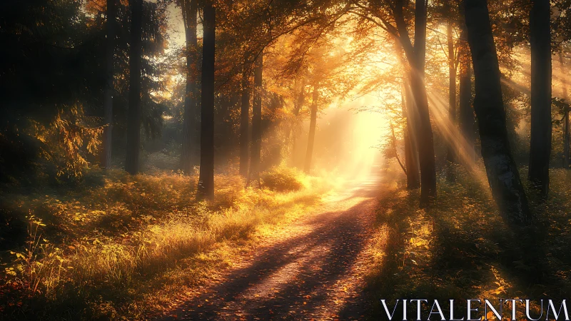 Golden forest path dissolving into a radiant autumn doorway.