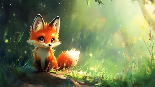 Bright eyed fox cub enjoys a gentle morning forest glow