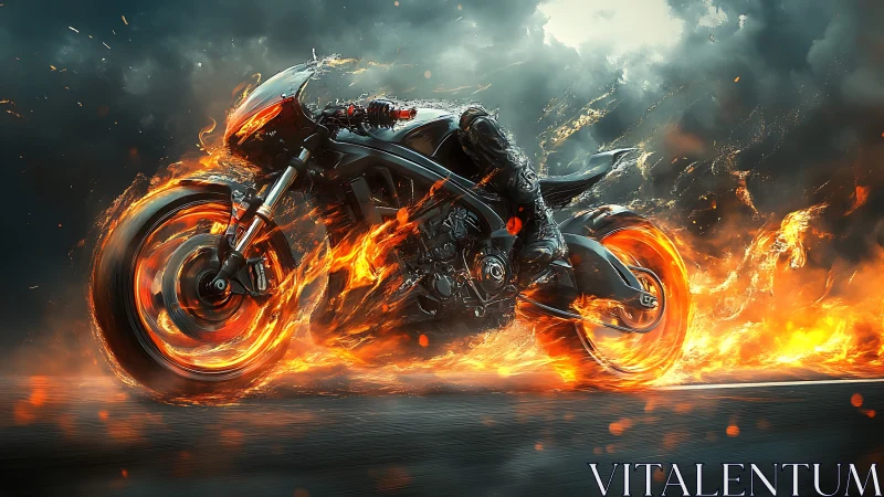 Flaming cybernetic sport bike accelerates through infernal storm