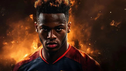 Intense football portrait with fiery cinematic energy.