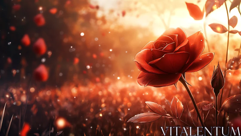 Red rose in warm backlit field at soft sunset glow.