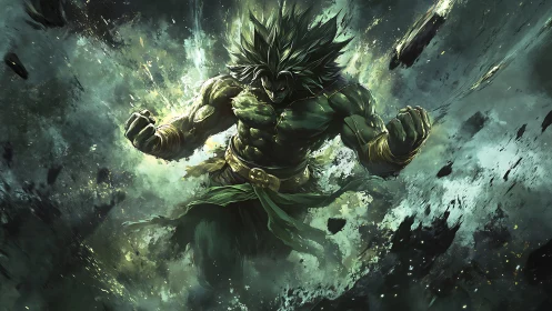 Green muscular warrior amid explosive energy and debris.