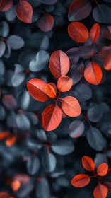 Red elliptical leaves on dark blurred foliage background.
