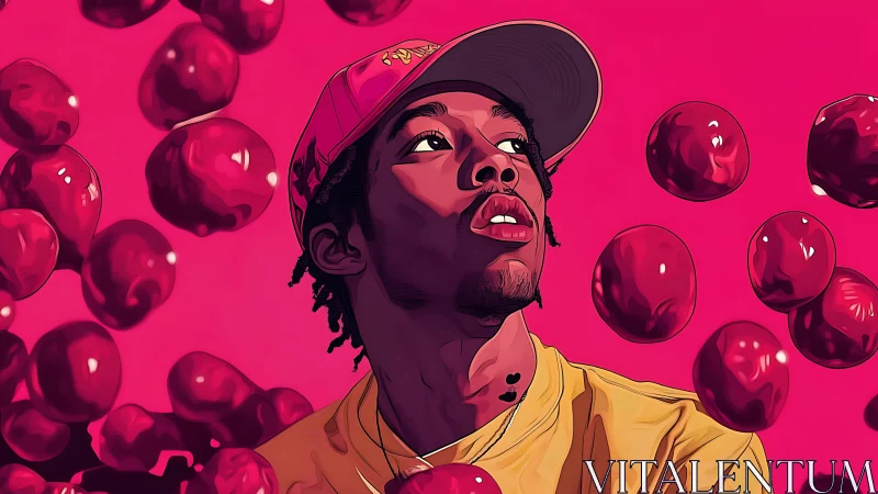 Neon daydreamer drifts through a crimson apple storm.