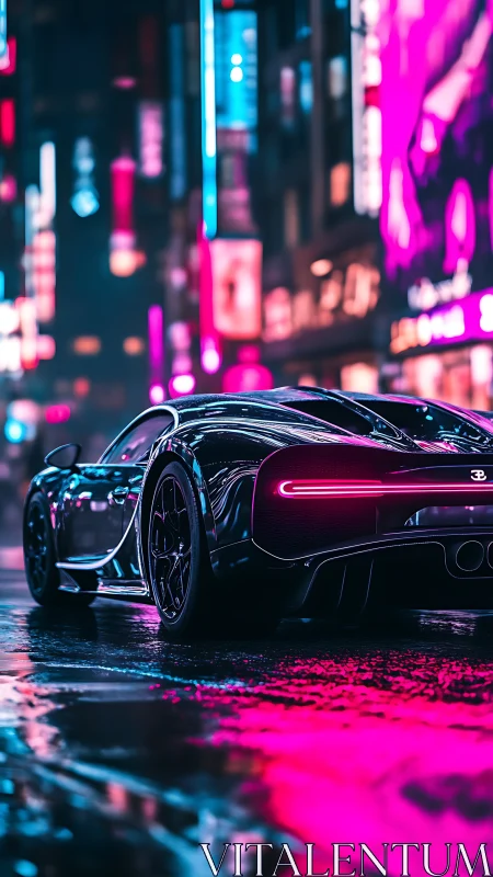 Neon-lit supercar glides through a rain-soaked cyber city street