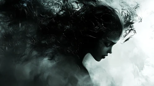 Dark abstract female profile in swirling monochrome mist.