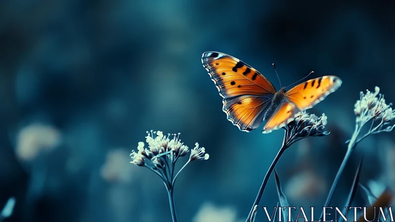 Orange butterfly rests on flower stems in shallow focus