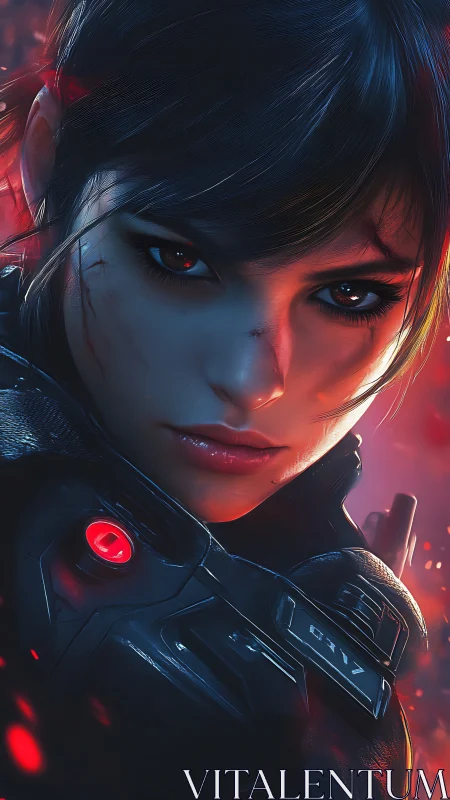 Fierce sci fi heroine glowing with neon powered resolve.