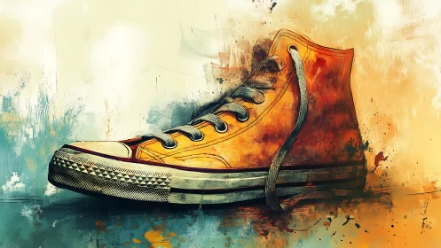 Orange high-top sneaker in expressive watercolor portrait.