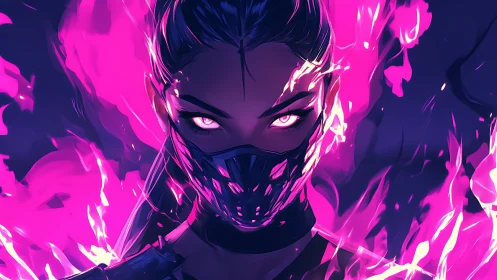 Neon-flame masked warrior staring through ultraviolet inferno.
