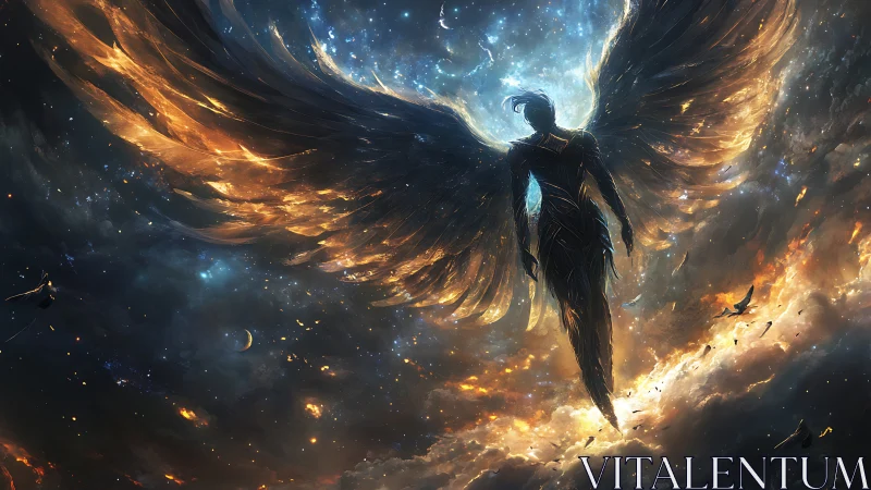 Celestial winged silhouette ascends through luminous nebulae