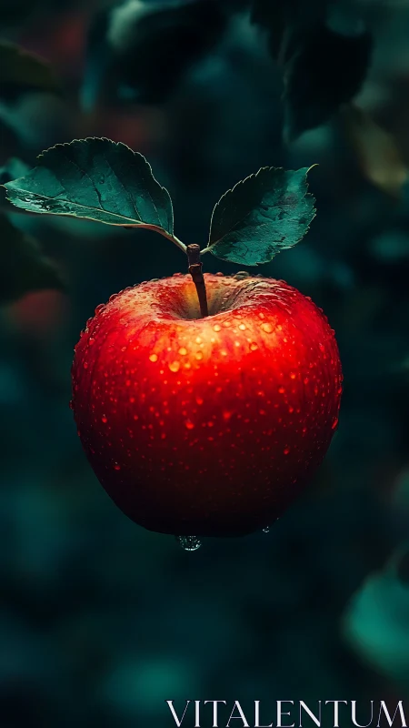 Single red apple with water droplets is shown in close-up