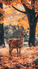 Deer standing in orange autumn forest with vivid foliage.
