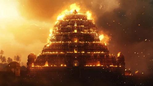 Tiered stone temple engulfed in structured perimeter fire at dusk