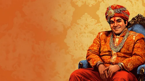 Regal Indian man smiles in ornate orange ceremonial attire.
