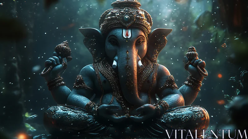 Digital depiction of seated elephant-headed deity statue.