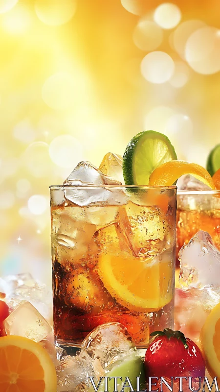 Carbonated beverage with ice, citrus garnish rendered under warm bokeh illumination.