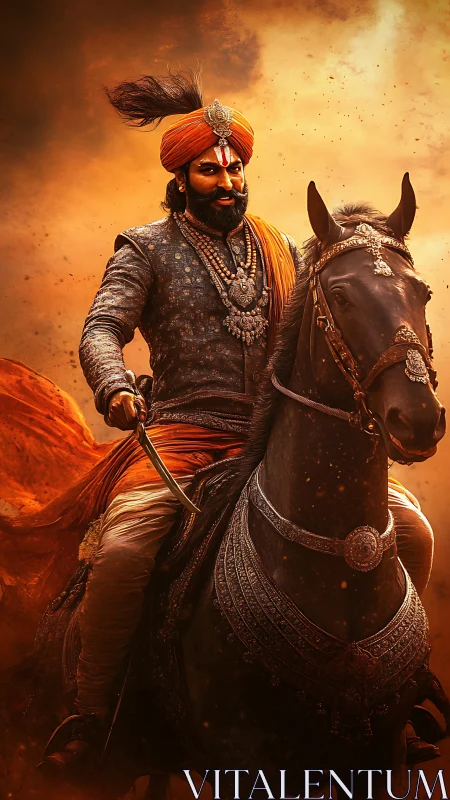 Warrior king on armored horse in blazing orange dust.