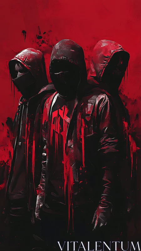 Crimson shadows convene as hooded phantoms drip into view