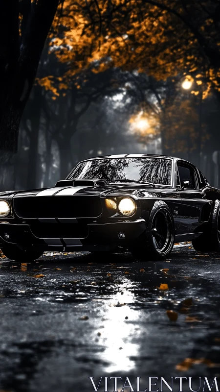 Midnight muscle car glows softly under golden autumn trees